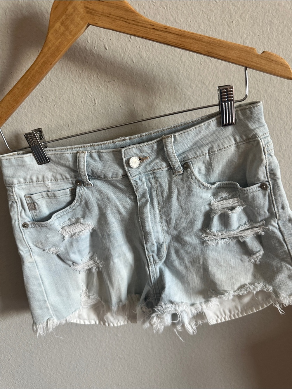Just USA High Rise Distressed Hi-Lo Denim Shorts Light Blue - Picture 6 of 9